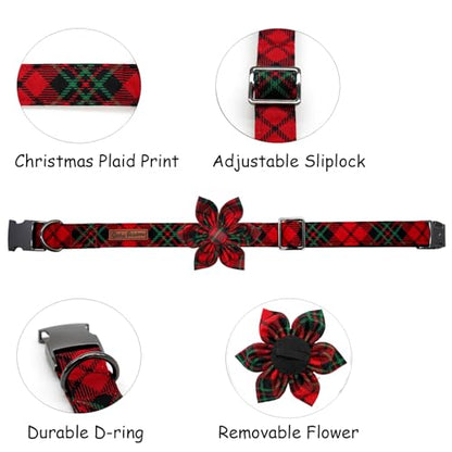 Dog Collar, Christmas Pet Collar with Flower Holiday Girl Boy Puppy Collar Adjustable for X-Small Dogs - color: Christmas PlaidⅡ, size: X-Small (Pack of 1)