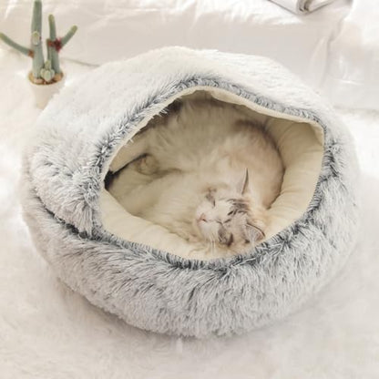 Calming Cat Cave Bed with Hooded Cover, Short-Haired Plush Washable Bed with Non-Slip Bottom, Comfortable and Cozy Round Bed for Small and Medium Cats, Anti-Anxiety Pet Bed(40cm/15.7inches, Gray)
