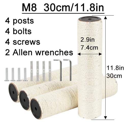 4 Pcs 2.9in 7.4cm Diameter Cat Tree Scratching Post Replacement Sisal Pole (M8, 11.8in/30cm) - color: 11.8in/30cm, size: M8*4posts