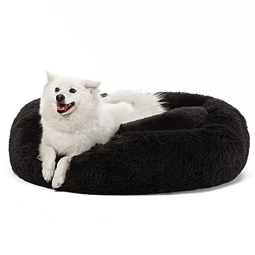 JOLLYVOGUE Dog & Cat Bed, Calming Anti-Anxiety Pet Bed for Small Dogs, Fluffy Donut Cushion for Small and Medium Pets (20") - color: Pure Black, size: 20"