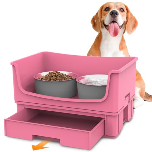 Mess Proof Dog Bowls, No Mess Dog Food and Water Bowl Set, No Spill Pet Feeder with 2 Stainless Steel Bowls for Medium Dogs - color: Pink, size: Medium