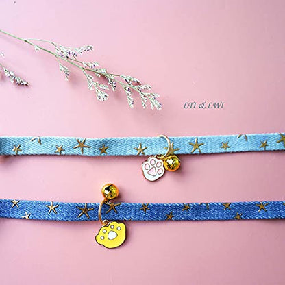 2 Pack Denim Breakaway Cat Collars with Bell Cat Paw Pendant Kitty Kitten Collars Blue Collar for Female Girl Cats Male Boy Cats Star Print - color: Blue