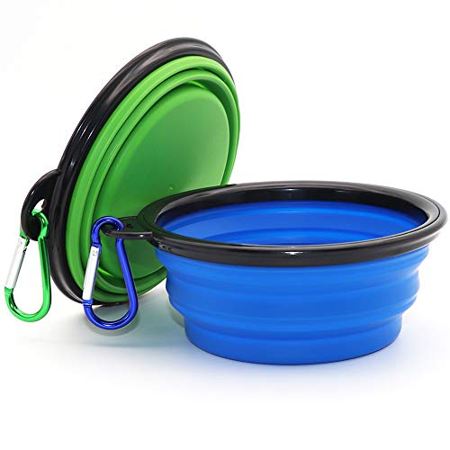 Comsun 2-Pack Collapsible Dog Bowl, Foldable Expandable Cup Dish for Pet Cat Food Water Feeding Portable Travel Bowl Blue and Green - color: Blue and Green, size: Regular