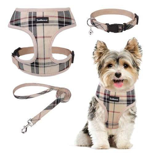 SCENEREAL No Pull Dog Harness Collar and Leash Set for Small Sized Dogs, Soft Mesh Plaid Puppy Harnesses, Pet Vest for Outdoor Walking Training and Running, Beige XS - color: Beige (With Collar), size: XS: Chest Girth: 10"-14"