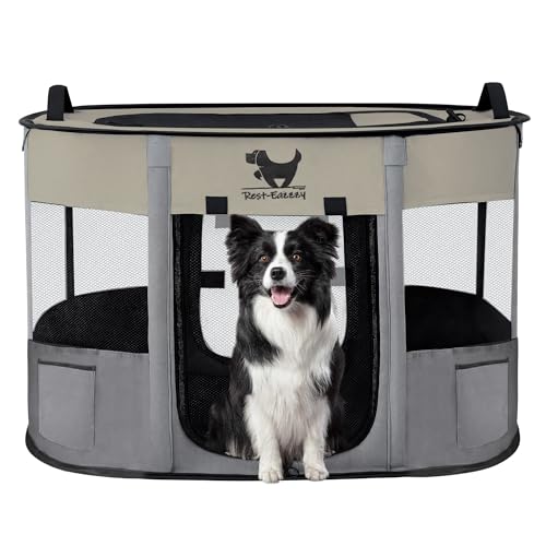 Rest-Eazzzy Dog Playpen, Foldable Kitten Playpen for Medium Dogs, Portable Pet Puppy Playpen with Removable Shade Cover, Indoor Outdoor Travel Camping Use for Small Pets with Carrying Case (M, Grey) - style: Medium