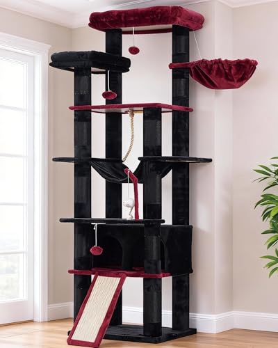 Heybly Tall Cat Tree, 78-inch Multi-Level Cat Tower for Indoor Cats, 2 Widened Plush Perches Cat Condo with Scratching Board and Big Caves, Black and Red HCT033BR - color: Black and Red, size: 79 inch
