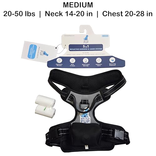5-in-1 Reflective Dog Harness with Built-in 5ft Leash & Seatbelt Clip, Waste-Bag Pouch + 3 Rolls, Adjustable Quick-Fit Buckles, Breathable Mesh, Dual D-Rings, Medium - size: Medium
