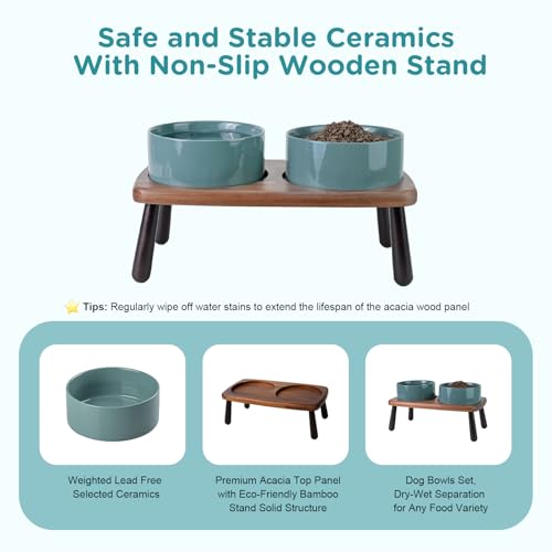 SPUNKYJUNKY Ceramic Elevated Dog Bowls Raised with Acacia Bamboo Wooden Stand, 6.1'' Dog Cat Food Water Bowls Set Non-Slip for Small Medium Sized Breed Microwave Dishwasher Safe - 28.7 OZ,Dark Green - color: Dark Green, size: 6.1 in - Dual