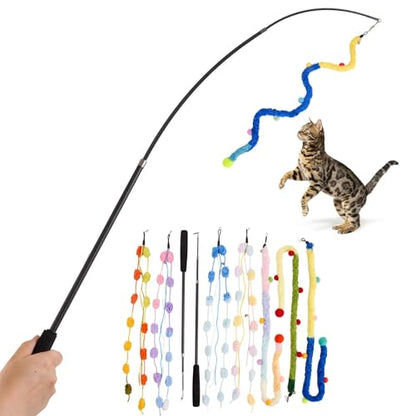 Cat Wand Toy, 9Pcs Retractable Plush Srtip Cat Teaser Wand Toys with Bell & String, Long Interactive Wand Toys for Indoor Kitten, Exercise - size: 7pcs&2pole