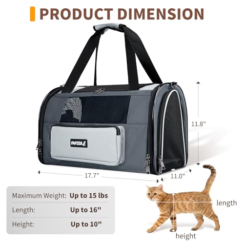 Collapsible Small Pet Carrier for Cat 15 lbs with Fashion Pocket, Lightweight Sturdy Travel Carry Bag Little Puppy Dog, Breathable Stylish Kitten Soft Cage Kennel, 17.7x11.0x11.8 Inch Grey - color: Grey