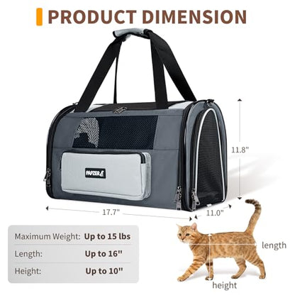 Collapsible Small Pet Carrier for Cat 15 lbs with Fashion Pocket, Lightweight Sturdy Travel Carry Bag Little Puppy Dog, Breathable Stylish Kitten Soft Cage Kennel, 17.7x11.0x11.8 Inch Grey - color: Grey