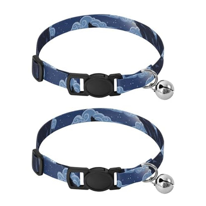 Kitten Collars 2 Pack Pet Collars for Cats Adjustable 10.6 to 17.1 Inches - color: Wolves Moon Blue Sky Clouds