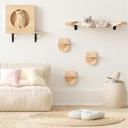 TIMIEEYA Cat Wall Shelves - Stable & Safe 5 in 1 Cat Walls Furniture Set, Wooden Kitten Climbing Wall with 1 Condos House, 1 Hammock & 3 Wall Steps - style: 5pcs with Hammock