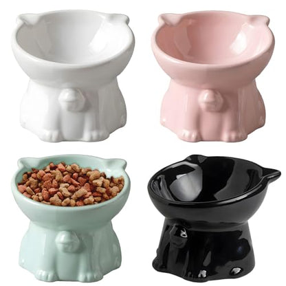 Ceramic Elevated Cats Bowls, 4Pc Extra Wide Raised Cats Bowls, Shallow Whisker Friendly Food & Water Dish, Anti Vomit, Microwave & Dishwasher Safe, 5 oz (Cat Bell 5 X 4.3'')