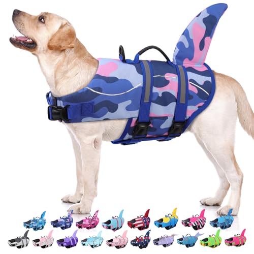 Dog Life Jacket - Shark Life Vest for Swimming Boating - Reflective Lifejacket Swimsuit for Small Medium Large Dogs - High Buoyancy Lifesaver Preserver with Rescue Handle, BluePink Camo XS - color: Blue Pink Camo, size: X-Small