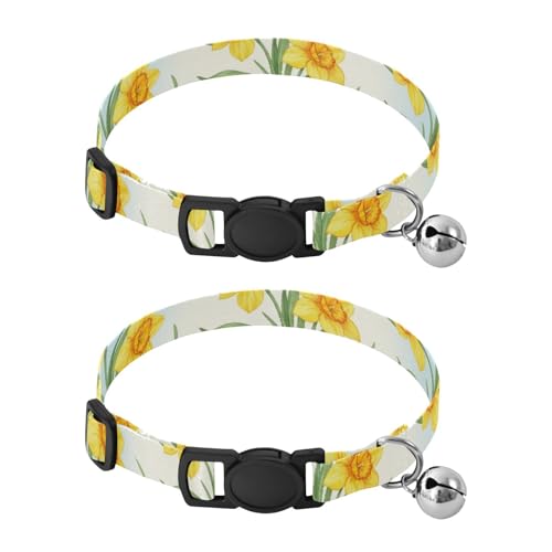 Pet Collars 2 Pack Soft Polyester Pet Collar Adjustable Length 10.6" to 17.1" - color: Yellow Flowers Green Leaves Floral
