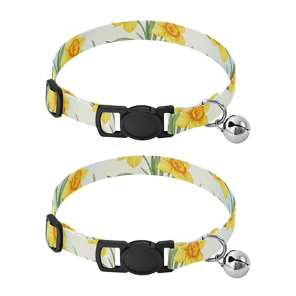 Pet Collars 2 Pack Soft Polyester Pet Collar Adjustable Length 10.6" to 17.1" - color: Yellow Flowers Green Leaves Floral