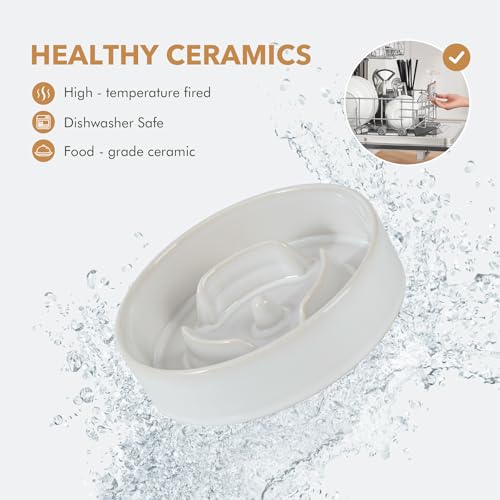 Havniva 0.9 Cup Elevated Slow Feeder Dog Bowls, 6.1” Dog Slow Feeding Bowls + 6.1” Ceramic Dog Water Bowls Set with Acacia Wood Stand, Dog Food Bowls Puzzle Feeder for Small Dogs Non-Slip Anti-choking - color: 2 x White + Stand - A, size: S- 6.1inch / 0.9