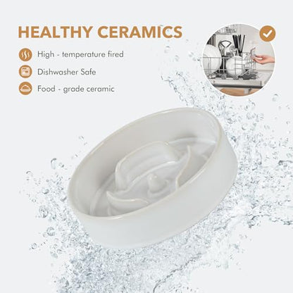 Havniva 0.9 Cup Elevated Slow Feeder Dog Bowls, 6.1” Dog Slow Feeding Bowls + 6.1” Ceramic Dog Water Bowls Set with Acacia Wood Stand, Dog Food Bowls Puzzle Feeder for Small Dogs Non-Slip Anti-choking - color: 2 x White + Stand - A, size: S- 6.1inch / 0.9
