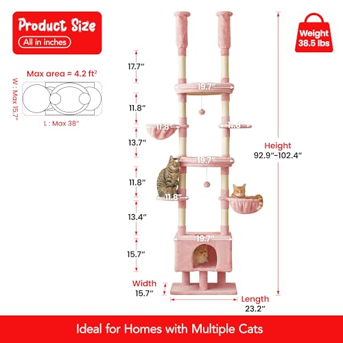 Pink Cat Tree, Floor to Ceiling Cat Tower Adjustable Height [92.9-102.4 in=235-258cm], 7 Tiers Cat Climbing Play House with Scratching Post, Cozy Condo & Hammocks for Indoor Cats - color: Pink