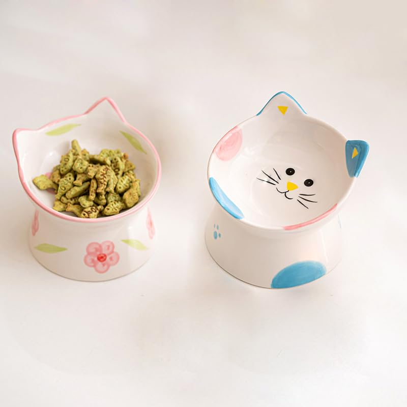 Ceramic Raised Cat Bowls, Anti Vomiting and Protect Pets' Spines for Indoor Cats Whisker Friendly Pet Feeder for Cats Puppies (Blue) - color: Blue