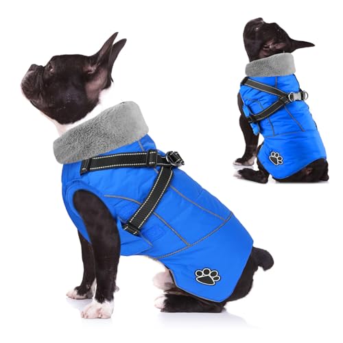 Dog Coat with Harness, Reflective Warm Dog Jacket Waterproof Puppy Winter Coat for Cold Weather, Adjustable Fleece Jacket for Small Medium Large Dogs - color: Blue, size: Small