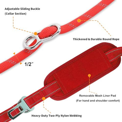 10FT Hands Free Dog Leash for Small Medium Large Dogs, Heavy Duty Reflective Dog Leash with Traffic Handle, Seat Belt Buckle & Poop Bag Holder (Red) - color: Red, size: 10FT