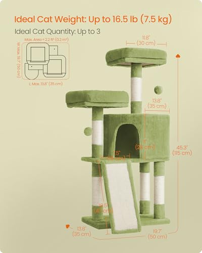 Feandrea Cat Tree, 45.3-Inch Cat Tower, Plush Condo with Scratching Post, Ramp, Perch, Spacious Cave, for Small Space, Grass Green UPCT141C01 - color: Grass Green