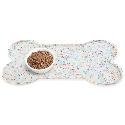 PWTAA Dog Food Mat Anti-Slip Silicone Dog Bowl Mat Thicker Pet Placemat Waterproof Cat Feeder Pad with Raised Edge Puppy Kitten Feeding Mats Suitable Small Medium-Sized Dogs Cats Eating Tray - color: Donut White, size: 19.4" x 9.8"