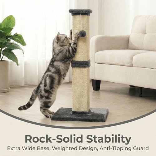32" Tall Cat Scratching Post, Cat Scratcher with Heavy Duty Thick Wood Base, Cat Tower with Natural Sisal Rope and Hanging Ball, Plant-Like Design Scratching Post, for Small and Adult Kittens, Grey - color: Dark Grey