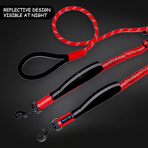 Double Dog Leash No Tangle – Dual Dog Leash for 2 Dogs with Shock Absorbing Bungee, 360° Swivel, Reflective Safety, Heavy Duty for Medium & Large Dogs (Carnation Red) - color: Carnation Red
