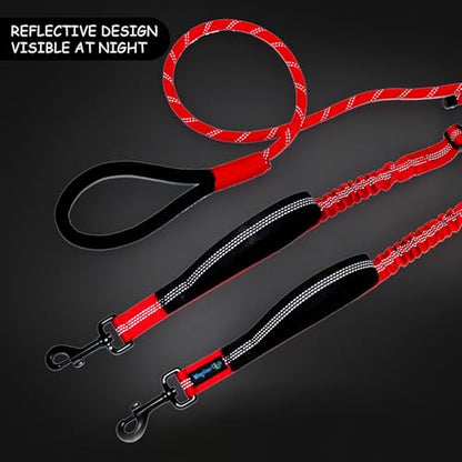 Double Dog Leash No Tangle – Dual Dog Leash for 2 Dogs with Shock Absorbing Bungee, 360° Swivel, Reflective Safety, Heavy Duty for Medium & Large Dogs (Carnation Red) - color: Carnation Red