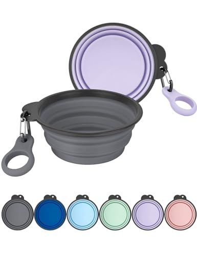 Aonkey Collapsible Dog Bowls with Bottle Carrier, 2 Pack Travel Dog Water Bowl Upgraded Carabiner, One-piece Molded Rim No Fall Off or Crack, Foldable Silicone Portable for Pets Walking Hiking 15oz - color: 9. Gray & Light Violet, size: Small (Pack of 2)