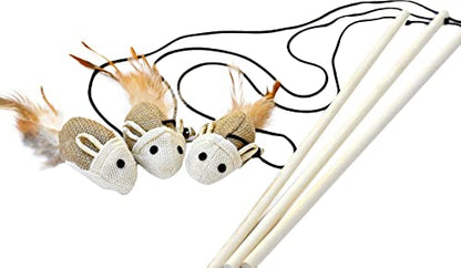 Cat Kitten Teaser Wand Toys, Sisal with Mouse, Bell, Feather, Elastic String, Sturdy Wood Stick, Interactive Fun, Cat Catcher Mice for Pet, Set of 3
