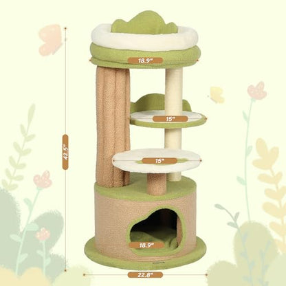 KAMABOKO 42.5" Cute Cat Tree, Green Cat Tree for Indoor Cats, Aesthetic Cat Tower with Teddy Fleece, Cats Condo, Unique Cat Furniture for Small Space - Perfect for Your Feline Pal - size: 42.5''H