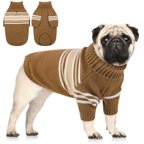 Queenmore Dog Striped Knitted Sweater, Turtleneck Pullover Pet Coat, Dog Winter Clothes with Leash Hole for Small Medium &Large Dogs(Brown,M) - color: Brown, size: Medium