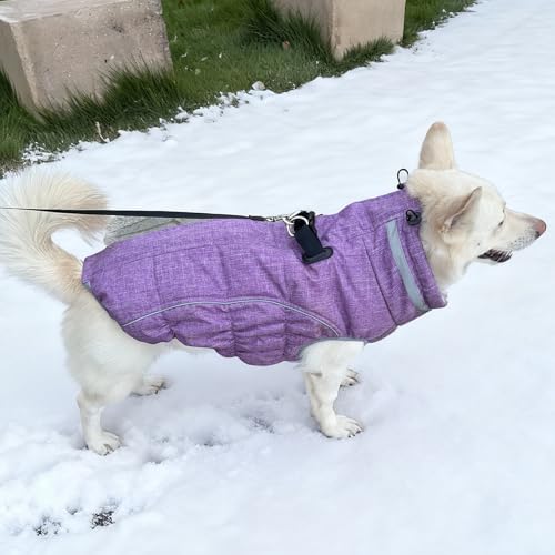 Dog Coat, Reflective Dog Jacket Waterproof Windproof Puppy Cold Weather Coats with Harness Built in, Winter Extra Warm Pet Coat Fleece Vest for Small Large Pets and Puppy (Purple, Medium)