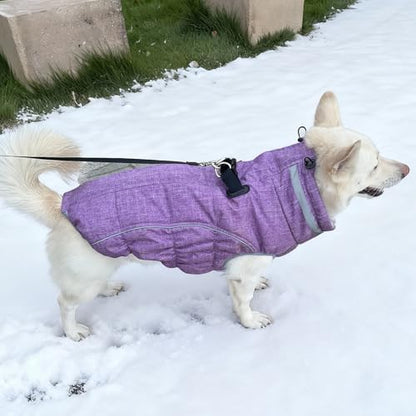 Dog Coat, Reflective Dog Jacket Waterproof Windproof Puppy Cold Weather Coats with Harness Built in, Winter Extra Warm Pet Coat Fleece Vest for Small Large Pets and Puppy (Purple, Medium)
