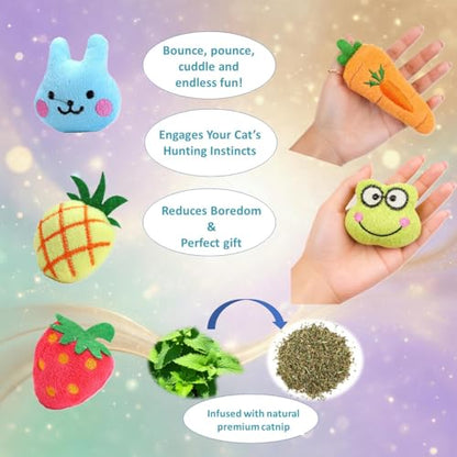 Catnip Toys for Indoor Cats – 5 Pack Plush Cat Toys with Catnip, Interactive Kicker & Chew Toys for Kittens, Cute Soft Indoor Cat Toy Set, Fruit & Animal Designs