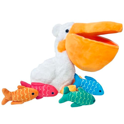 Off the Wall Toys Charlie & LEW Interactive Pelican & Fish Hide and Seek Toy - Crinkle Squeaky Fun for Small Breed Dogs & Cats, Durable & Engaging Fun and Bright Colors