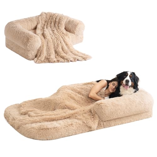 EHEYCIGA Foldable Human Dog Bed, 72"x44"x11" Orthopedic Memory Foam Human Sized Dog Bed, Waterproof Pet Bed for People, Faux Fur Pet Couch for Adult with Non-Slip Bottom, Camel - color: Camel, size: 72x44x11(Folded 44x36)