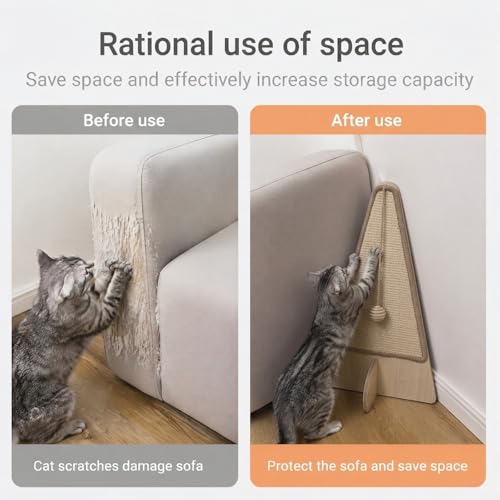 Corner Cat Scratcher–26in Tall Cat Scratching Post, Space Saving Leaning Cat Tree Protects Furniture, Multi-Level Solid Wood with Natural Sisal, Wall Corner Cat Scratch Post for Indoor Cats