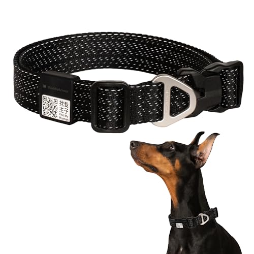 All-Weather Dog Collar Reflective Adjustable Soft Nylon QR Code Anti-Lost Collar Breathable with Quick-Release Buckle Patent Alloy Ring for Small Medium Large Dog (Super Reflect-Black, L) - color: Super Reflect-Black, size: L
