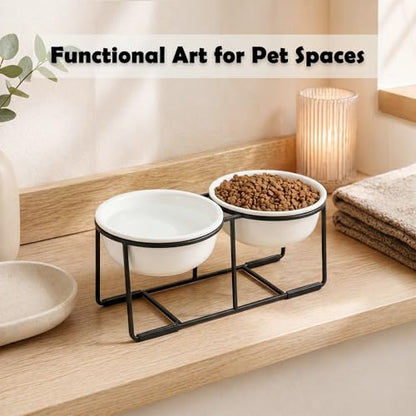 Ceramic Elevated Dog Bowl Set - Raised Food and Water Bowls with Metal Stand - Double Pet Dishes for Small and Medium Dogs - 3 Cups - 24.3 fl oz - Matte White - color: Matte White, size: L-400ml