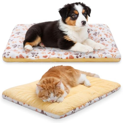 2 Pack Self Warming Cat Dog Bed Pet Mat 27" x 19" Soft Thermal Dog Pad with Cute Prints Reversible Washable Thickened Crate Mat for Indoor Outdoor Kittens Small Pets Feral(White) - color: White