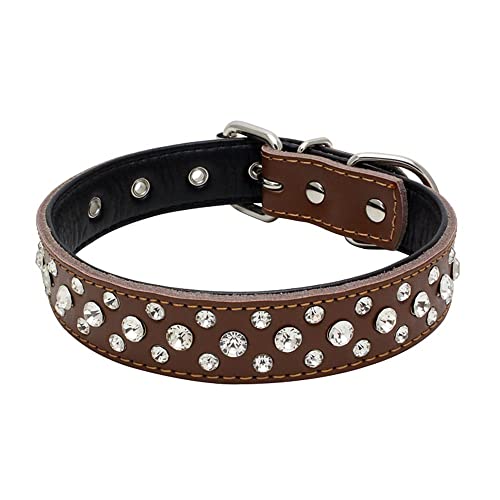 Rhinestones Dog Collar, Adjustable Sparkly Crystal Studded Genuine Leather Pet Dog Collar for Small and Medium Dogs (S, Brown) - color: Brown, size: Small