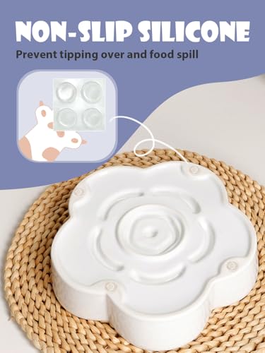 Ceramic Slow Feeder Dog/Cat Bowl, Anti-Choking Slow Food Bowls, 8" 11.3oz Slow Feeder for Medium, Large Breeds, Plum Puzzle Design, Non-Slip Silicone, Dishwasher and Microwave Safe, White - color: White
