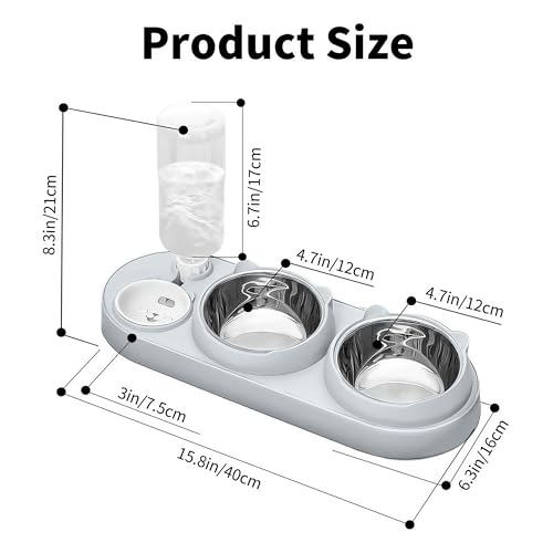 3 in 1 Cat Bowl, Cat Food and Water Bowl Set with Water Dispenser and Stainless Steel Bowls, 15° Tilted Pet Raised Three Bowls for Indoor Cats, Small or Medium Sized Dogs