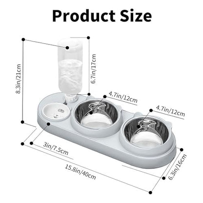 3 in 1 Cat Bowl, Cat Food and Water Bowl Set with Water Dispenser and Stainless Steel Bowls, 15° Tilted Pet Raised Three Bowls for Indoor Cats, Small or Medium Sized Dogs