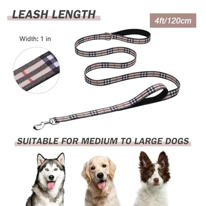 Hikiko 4 Foot Cute Girl Double Handle Dog Leash Padded Traffic Handles for Walking Training (Beige Plaid, 4ft) - color: Beige Plaid, size: 1 in x 4 ft